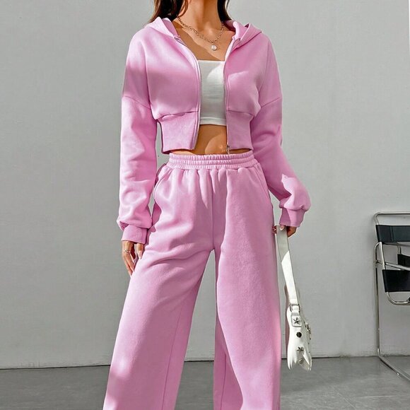 Pink Casual Women's Spring Zip Front Hooded Sweatshirt And Pants Two Piece Set - Picture 3 of 7